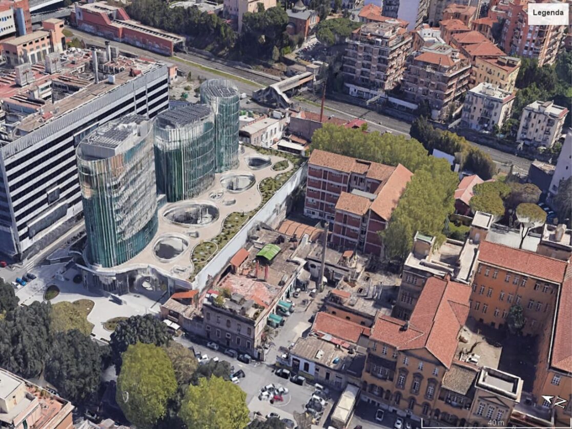 Vista di Google Earth di una città con edifici e alberi, nel contesto del Project Financing per il nuovo Rettorato dell'Università Roma Tre, gestito dalla E&G con attenzione alla sicurezza strutturale e alla stabilità delle fondamenta.